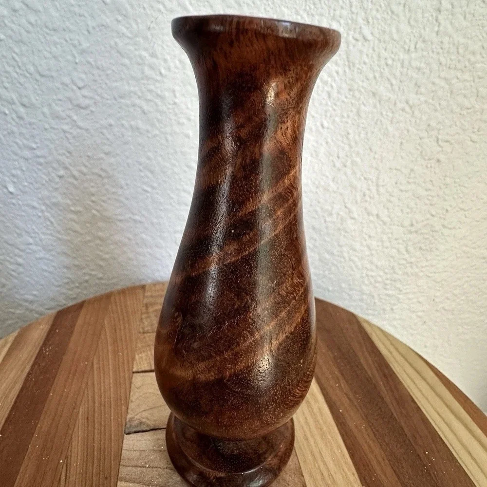 VTG Artisan Crafted Handmade Banded Wood Grain Vase 5.875 Inch Signed MCM Smooth